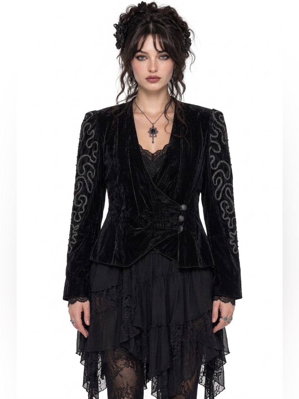 Vintage Whimsigoth Black Velvet Puff Sleeve Blazer Witchy Vampirecore Victorian